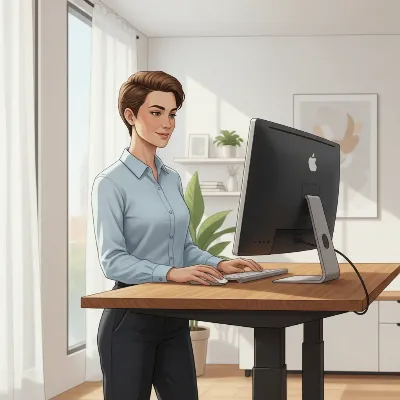 Person working efficiently at a solid wood standing desk, illustrating health and focus benefits