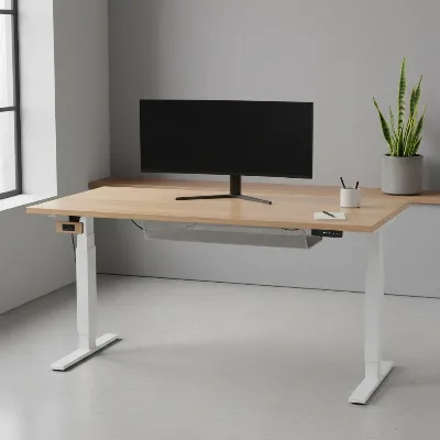 Minimalist office desk with Branch Standing Desk and essential accessories, organized and clutter-free