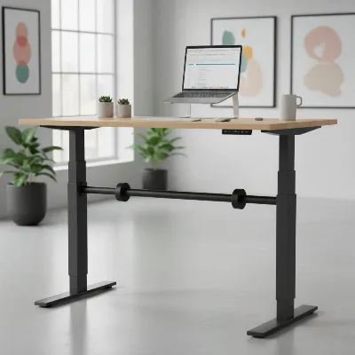 Clamp-on stabilizer bar installed on a standing desk frame