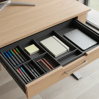 An organized desk drawer of a standing desk, showing neatly arranged office supplies like pens, notebooks, and a small tablet, highlighting effective storage.