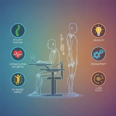 A conceptual image illustrating the combined benefits of a standing desk on health and productivity, with abstract elements.