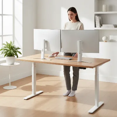 An ergonomic home office setup with a sleek, modern standing desk in its standing position, featuring two monitors and minimalist decor.