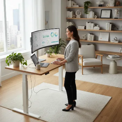 A person standing comfortably at an ergonomic standing desk, maintaining good posture while working on a computer.