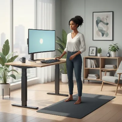 Optimal ergonomic standing desk posture with proper monitor, keyboard, and arm alignment.