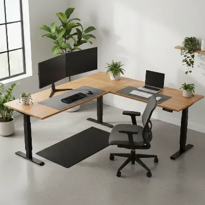 An L-shaped standing desk in a modern corner office setup, with dual monitors, a laptop, and ergonomic accessories, showcasing ample workspace.