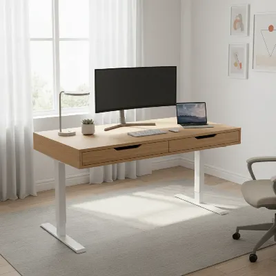 A sleek electric standing desk with two integrated drawers, a monitor, and a laptop in a modern home office setting, showcasing organization and functionality.