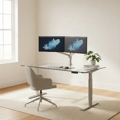 A modern glass top standing desk with dual monitors in a bright, minimalist home office setting, showcasing its sleek design and open feel.