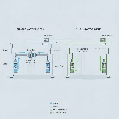 Conceptual illustration of single vs dual motor standing desk mechanisms for comparison