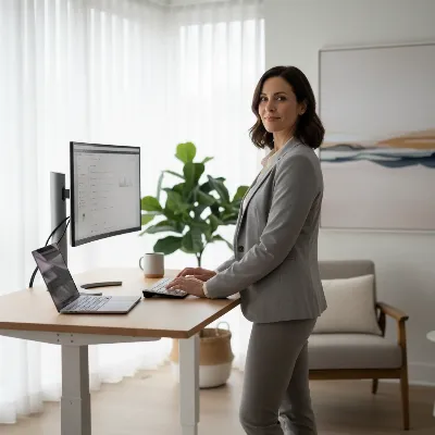 A person demonstrating good standing posture at an adjustable desk with proper monitor and keyboard height