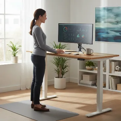 An energetic person standing comfortably at a Fully Jarvis Bamboo Standing Desk, typing on a keyboard, with a bright, focused expression. The office environment suggests high productivity and well-being. The desk is at a functional standing height, emphasizing its ergonomic benefits.