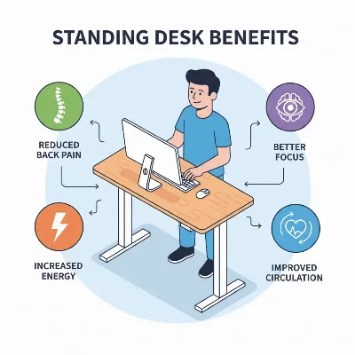 Infographic illustrating the health and productivity benefits of using a standing desk in a modern home office setting.