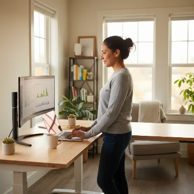 A person standing comfortably at an L-shaped electric standing desk, working on a laptop with a focused expression, demonstrating improved posture and productivity benefits.