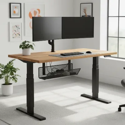 Uplift V3 Standing Desk with dual monitors in a modern home office setting, showcasing extensive customization options and a stable frame.