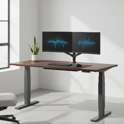 A modern Vari electric standing desk in an office setting with dual monitors and ergonomic accessories.